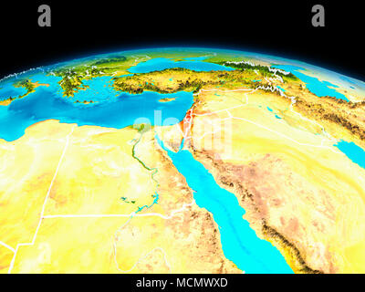 Satellite view of Israel highlighted in red on planet Earth with borderlines. 3D illustration. Elements of this image furnished by NASA. Stock Photo