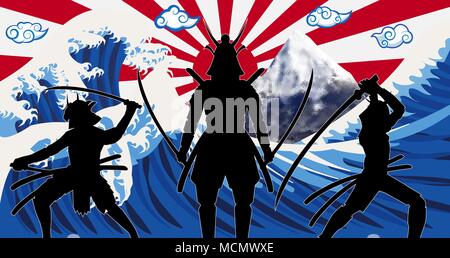 silhouette japan samurai with wave rising sun flag Stock Vector