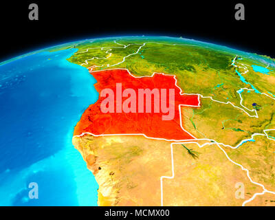 Satellite view of Angola highlighted in red on planet Earth with borderlines. 3D illustration. Elements of this image furnished by NASA. Stock Photo