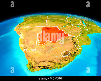 Satellite view of Botswana highlighted in red on planet Earth with borderlines. 3D illustration. Elements of this image furnished by NASA. Stock Photo