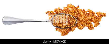 French mustard. Splashes and spilled mustard seeds sauce with spoon isolated on white background. Top view Stock Photo