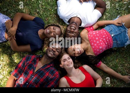 Group of friends lying on the grass laughing Stock Photo