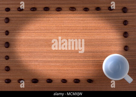 Frame made of coffee beans and empty cup on teak wood background. Spotlight in center. Stock Photo