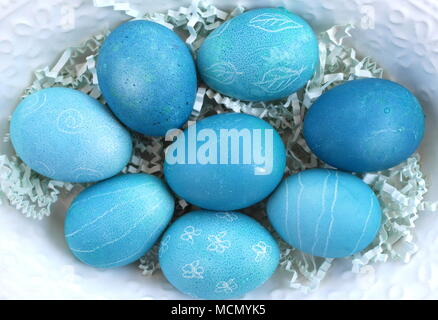 Traditional Hungarian Easter eggs in a bowl, hard boiled and coloured with natural dye Stock Photo