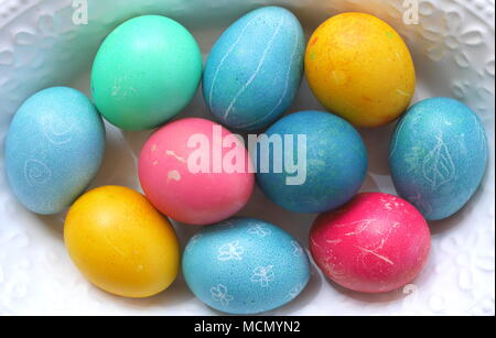 Traditional Hungarian Easter eggs in a bowl, hard boiled and coloured with natural dye Stock Photo