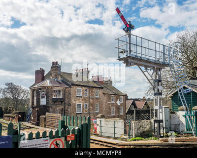 Signal Box and Semaphore Signal at the Railway Station in Knaresborough North Yorkshire England Stock Photo