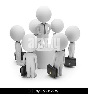 3d small person at the center of a crowd of businessmen talking on a pedestal. 3d image. White background. Stock Photo