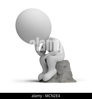 3d small person sitting in a thoughtful thinker pose on a stone. 3d image. White background. Stock Photo