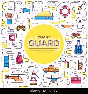 coast guard day illustration vector outline icon set. Thin line guarding the order elements concept  Stock Vector