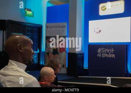 London UK 17 April 2018 Sir Mo Farah waiting with the press for his time to be called to the stage to be interviewed Credit: Paul Quezada-Neiman/Alamy Live News Stock Photo