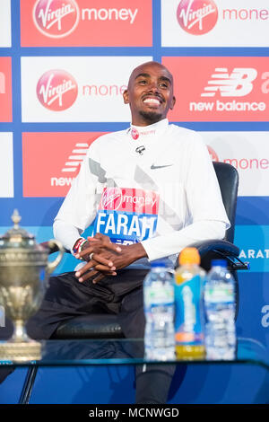 London, UK. 17 April 2018. Sir Mo Farah at the press conference for the Virgin Money London Marathon at the Tower Hotel. © Laura De Meo / Alamy Live News Stock Photo