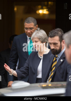 Downing Street, London, UK. 17th April, 2018. British Prime Minister Theresa May leaves 10 Downing Street in London with Jamaican Prime Minister Andrew Holness. Credit: Malcolm Park/Alamy Live News. Stock Photo