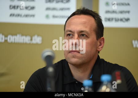 17 April 2018, Germany, Berlin: Coach of the Germany ice hockey team Marco Sturm speaking at a press conference. Germany face France on 21 April. Photo: Arne Bänsch/dpa Stock Photo
