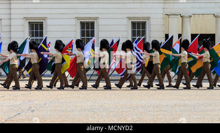 Wellington Barracks, Westminster, London, 17th April 2018. Soldiers from the Foot Guards battalion, Coldstream Guards, and the Coldstream Guards Band, are marching and rehearsing in front of Wellington Barracks, carrying the flags of the Commonwealth countries. London currently hosts the CHOGM, Commonwealth Heads of Government Meeting from 16-20th April 2018. Credit: Imageplotter News and Sports/Alamy Live News Stock Photo