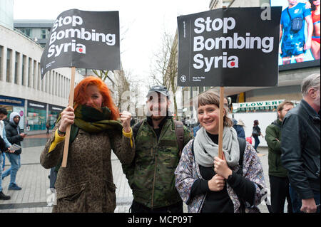 Birmingham, UK. 17th April 2018. A Nationwide 'Stop The War' protest takes place between 13th & 17th April 2018. Activists gather at The Bull Ring in Birmingham to protest against the missile attacks by UK, France & USA against the sovereign state of Syria and it's legitimate democratically elected leader Bashar al-Assad on the pretext of alleged chemical weapon use. Credit: Graham M. Lawrence/Alamy Live News Stock Photo