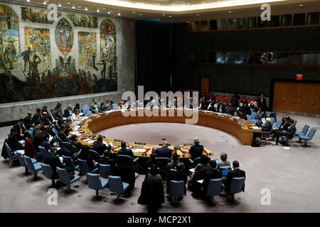 United Nations. 17th Apr, 2018. Photo taken on April 17, 2018 shows a general view of a United Nations Security Council meeting on Yemen, at the UN headquarters in New York, USA. The new UN envoy for Yemen, Martin Griffiths, said Tuesday that the political forces in war-torn Yemen are ready to embrace a political solution. Credit: Li Muzi/Xinhua/Alamy Live News Stock Photo