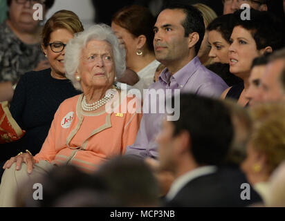 FILE: 17th Apr, 2018. Former first lady Barbara Bush 1925 - 2018. Photo taken: Miami, USA. 15th Jun, 2015. Former Florida Governor Jeb Bush on stage to announce his candidacy for the 2016 Republican presidential nomination at Miami Dade College - Kendall Campus Theodore Gibson Health Center (Gymnasium) June 15, 2015 in Miami, Florida. Credit: Storms Media Group/Alamy Live News Stock Photo