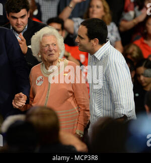 FILE: 17th Apr, 2018. Former first lady Barbara Bush 1925 - 2018. Photo taken: Miami, USA. 15th Jun, 2015. Former Florida Governor Jeb Bush on stage to announce his candidacy for the 2016 Republican presidential nomination at Miami Dade College - Kendall Campus Theodore Gibson Health Center (Gymnasium) June 15, 2015 in Miami, Florida.     Credit: Storms Media Group/Alamy Live News Stock Photo