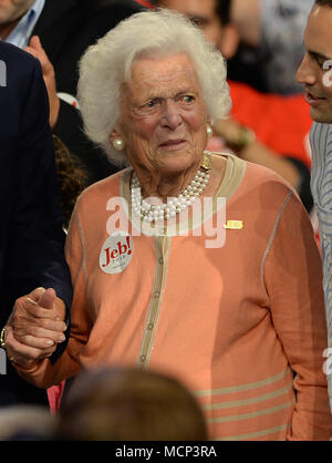 FILE: 17th Apr, 2018. Former first lady Barbara Bush 1925 - 2018. Photo taken: Miami, USA. 15th Jun, 2015. Former Florida Governor Jeb Bush on stage to announce his candidacy for the 2016 Republican presidential nomination at Miami Dade College - Kendall Campus Theodore Gibson Health Center (Gymnasium) June 15, 2015 in Miami, Florida. Credit: Storms Media Group/Alamy Live News Stock Photo