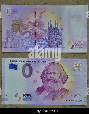 10 April 2018, Trier, Germany: The front and the back side of two zero euro bills, recently released by the Trier Tourismus und Marketing GmbH. This product and several others have been created on the occasion of the 200th birthday of the philosopher Karl Marx. Photo: Harald Tittel/dpa