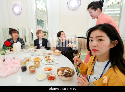 Irene (Red Velvet), Apr 2, 2018 : Irene (R) and other members of South Korean girl group Red Velvet have Korean cold noodles or Naengmyeon at Okryukwan Restaurant in Pyongyang, North Korea. North Korean leader Kim Jong-Un is set to hold a summit with South Korean President Moon Jae-in in Panmunjom on April 27, 2018 and it will be followed by a meeting with U.S. President Donald Trump in May or June. Picture taken on Apr 2, 2018. EDITORIAL USE ONLY Credit: South Korean Art Performance Press Corps/AFLO/Alamy Live News Stock Photo