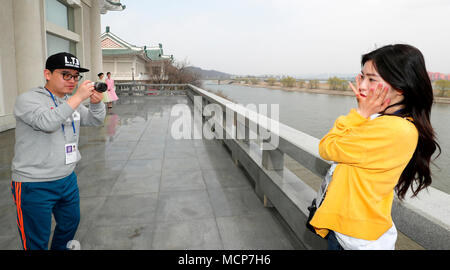 Irene (Red Velvet), Apr 2, 2018 : Irene (R), a member of South Korean girl group Red Velvet poses for souvenir photos with the Taedong River for background from Okryukwan Restaurant in Pyongyang, North Korea. North Korean leader Kim Jong-Un is set to hold a summit with South Korean President Moon Jae-in in Panmunjom on April 27, 2018 and it will be followed by a meeting with U.S. President Donald Trump in May or June. Picture taken on Apr 2, 2018. EDITORIAL USE ONLY Credit: South Korean Art Performance Press Corps/AFLO/Alamy Live News Stock Photo