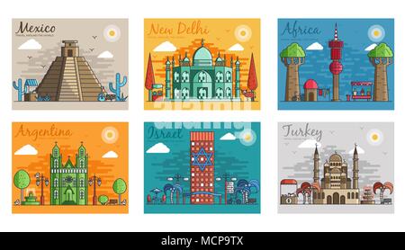 Set of different cities for travel destinations. landmarks banner template of flyer, magazines, posters, book cover, banners. Layout workplace technology flat illustrations modern pages Stock Vector