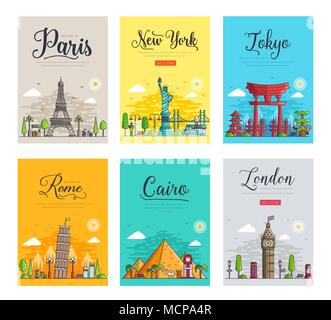 Set of thin lines different cities for travel destinations. Landmarks banner template of flyer, magazines, posters, book cover, banners. Layout workplace technology outline vector illustrations modern pages Stock Vector