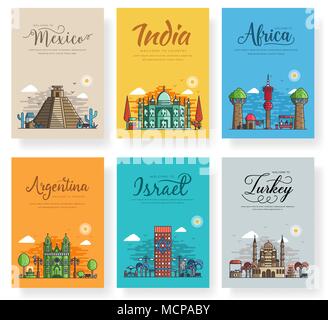 Set of outline different cities for travel destinations. Landmarks banner template of flyer, magazines, posters, book cover, banners. Layout world architectural flat outline modern pages