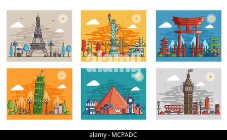 Set of ornamental travel on ethnic floral style design. Architecture art with logo, label. Historical monuments of France,  Japan, Egypt, England, Italy, USA Stock Vector