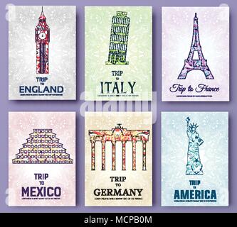 set of art ornamental travel and architecture on ethnic floral style flyers.  decorative banner of card or invitation design. Historical monuments of France, England, Italy, USA, Germany, Mexico Stock Vector