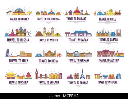 Country thin line icons travel vacation guide places and features. Big set of architecture landscape background concept. Outline template design for web, Infographic and mobile on flat style Stock Vector