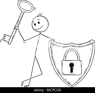 Cartoon of Man or Businessman With Locked Shield and Holding a Key as Password and Internet Security Metaphor Stock Vector