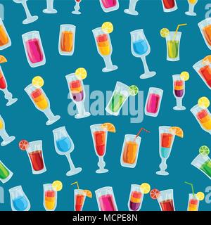 Colorful cocktail drink seamless pattern template concept. Icons design for your product or design, web and mobile applications. Vector flat with long shadow illustration on blue background Stock Vector