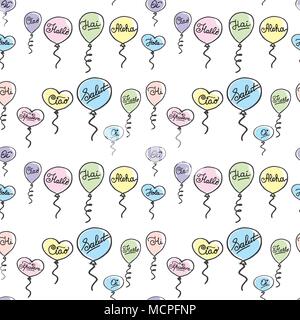 Seamless pattern hello in different languages, doodle balloons, stock vector illustration Stock Vector