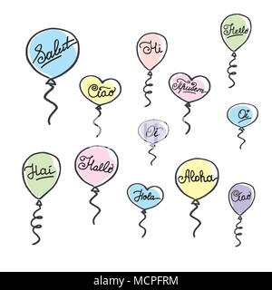 hello in different languages, doodle balloons, stock vector illustration Stock Vector