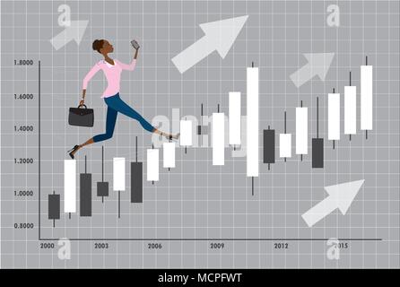 Young, pretty african american business woman or office worker run on chart with candlesticks to success, cartoon vector illustration Stock Vector
