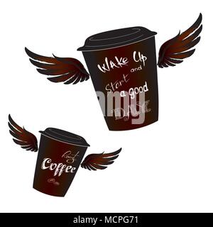 Coffee to go with wings, Wake up -  lettering, isolated on white background, stock vector illustration Stock Vector