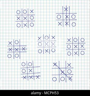 Set child's game tic-tac-toe on a sheet of paper, doodle hand drawn, stock vector illustration Stock Vector