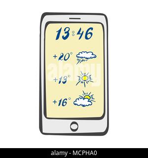 Smart phone sketch with weather application , hand drawn doodle vector illustration. Stock Vector