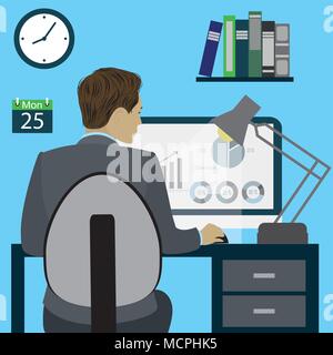 Business man or office worker sitting on a chair at the desk in the office,back view, flat design, cartoon stock vector illustration Stock Vector