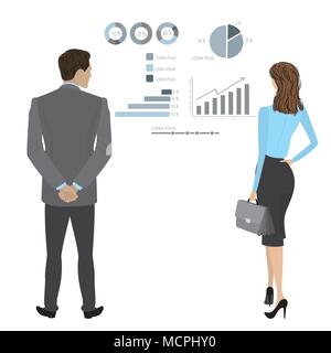 Businessman and business woman full length back looks at a variety of charts and graphs, cartoon vector illustration Stock Vector