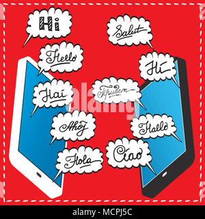 two smart phone and hello in different languages in doodle clouds on red background, stock vector illustration Stock Vector