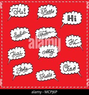 hello in different languages, doodle clouds on red background, stock vector illustration Stock Vector