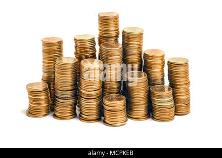 Golden color coins tower columns isolated on white background Stock Photo
