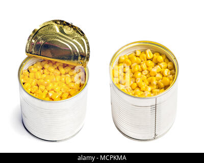 Open metall can with cooked corn isolated on  white background Stock Photo
