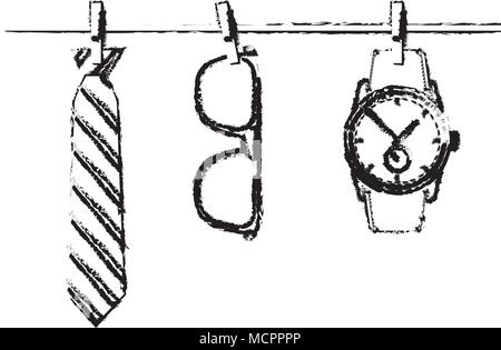 necktie sunglasses and wrist watch hanging in rope Stock Vector