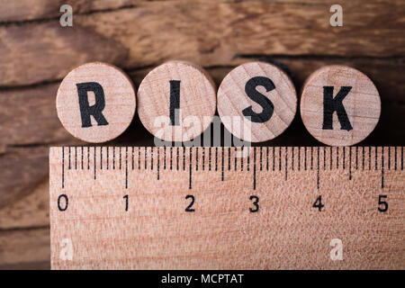 High Angle View Of Wooden Blocks With Risk Text And Ruler Stock Photo