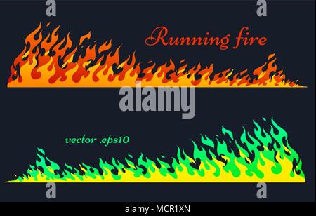 Running fire horizontal planks. Flaming bars, old school flame elements, isolated vector illustration, two variants of coloring Stock Vector
