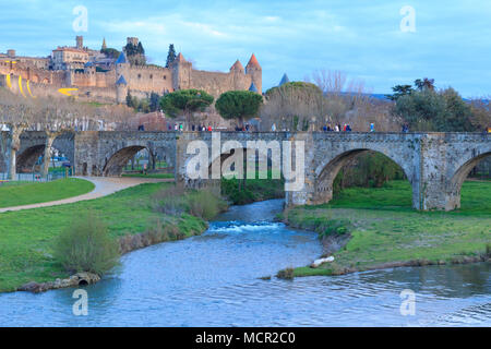 View of the medieval Citadel and bridge over river Aude in Carcassonne, France Stock Photo